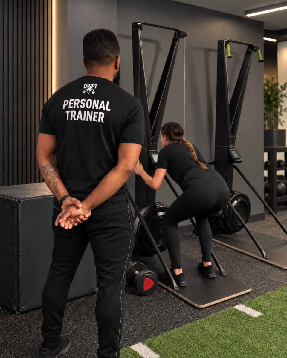 Darrell coaching a personal training client during a SkiErg exercise