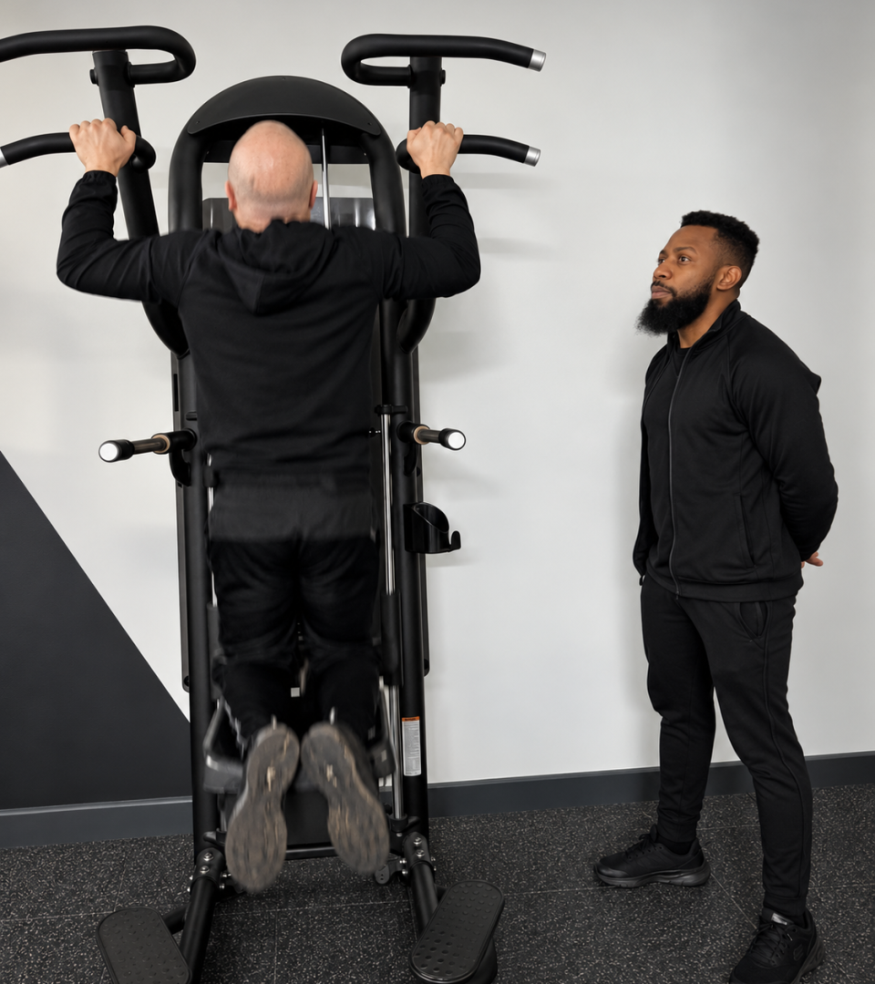 Darrell coaching a personal training client during a gym exercise